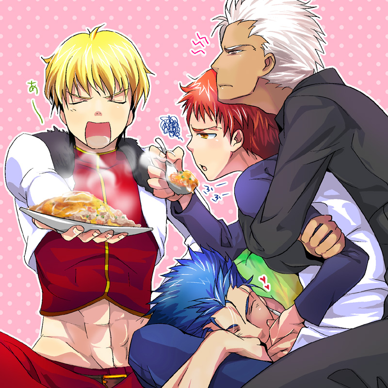 gilgamesh, emiya shirou, archer, and cu chulainn (fate and 1 more) drawn by tokie
