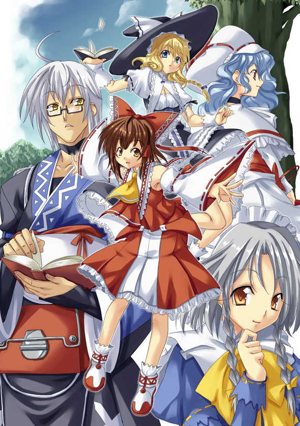 hakurei reimu, kirisame marisa, remilia scarlet, izayoi sakuya, and morichika rinnosuke (touhou and 1 more) drawn by uemukai_dai
