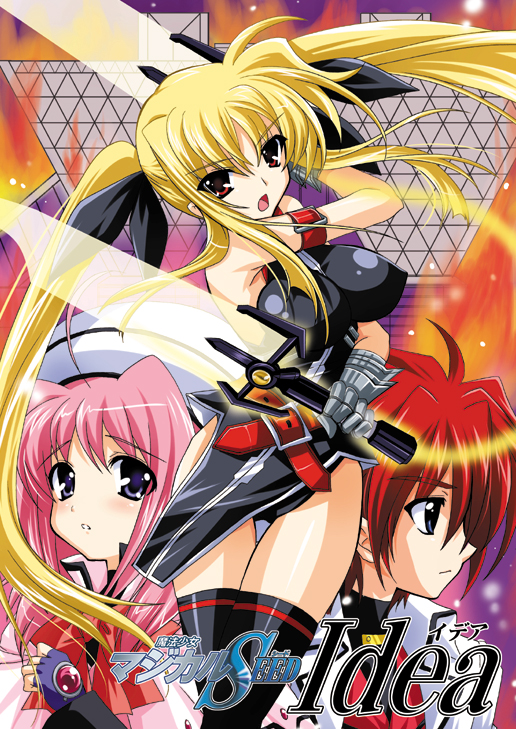 fate testarossa, bardiche, caro ru lushe, erio mondial, and kerykeion (lyrical nanoha and 1 more) drawn by kanna_(plum)