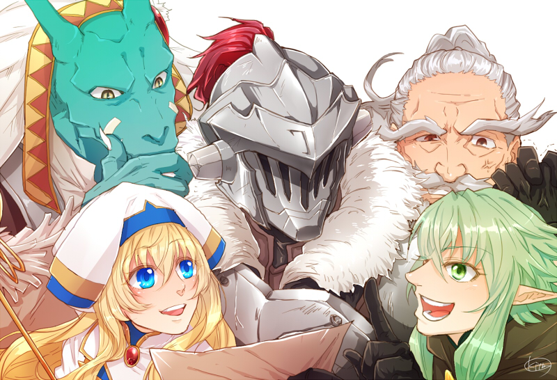 priestess, high elf archer, goblin slayer, lizard priest, and dwarf shaman (goblin slayer!) drawn by kitta_(estrella)