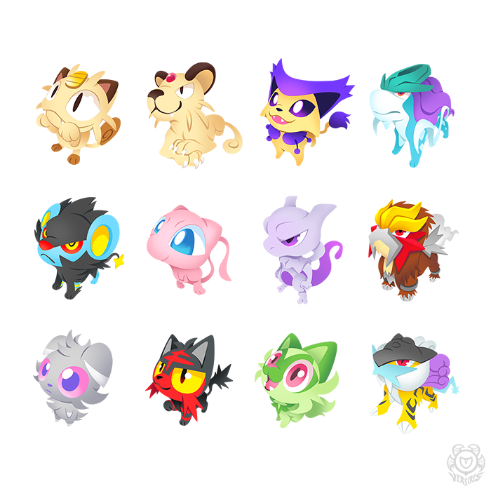 sprigatito, meowth, mew, litten, mewtwo, and 7 more (pokemon and 1 more) drawn by versiris
