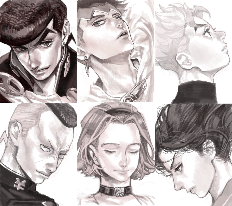 higashikata josuke, kishibe rohan, nijimura okuyasu, hirose koichi, sugimoto reimi, and 1 more (jojo no kimyou na bouken and 1 more) drawn by icym