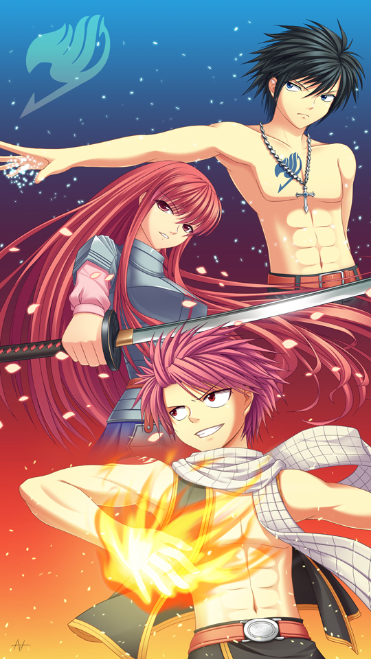 erza scarlet, natsu dragneel, and gray fullbuster (fairy tail) drawn by athrun1120