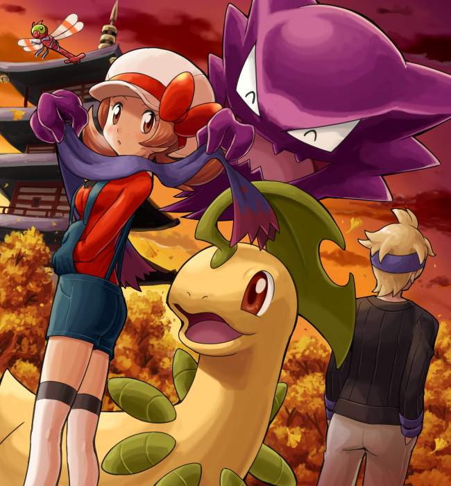 lyra, haunter, morty, bayleef, and yanma (pokemon and 1 more) drawn by pokemoa
