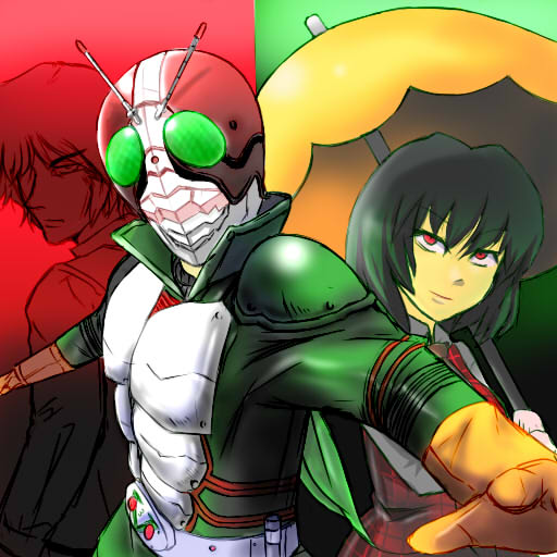 kazami yuuka, kamen rider v3, and kazami shirou (touhou and 2 more) drawn by nasuka@hiyokko