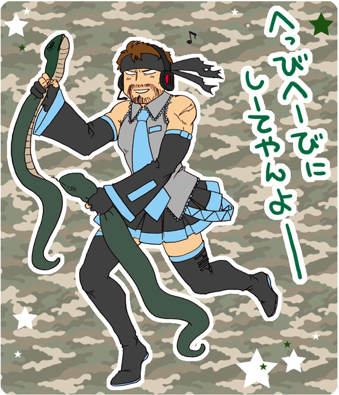 hatsune miku, big boss, and naked snake (vocaloid and 2 more) drawn by nekomura_otako