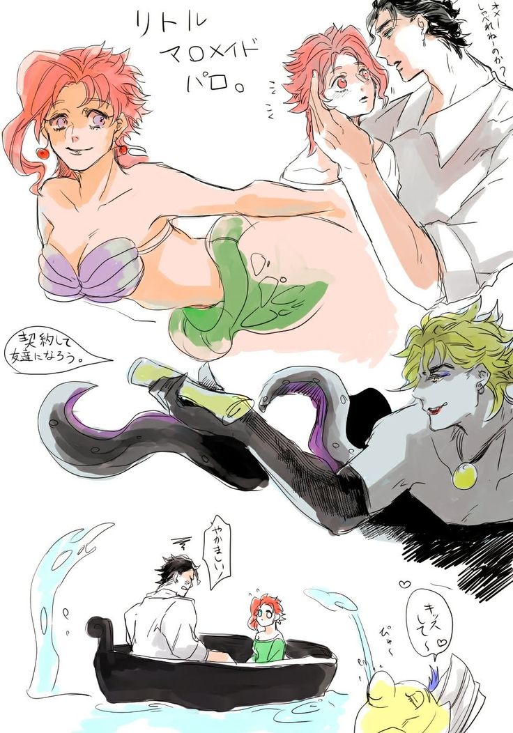kujo jotaro, dio brando, kakyoin noriaki, ariel, flounder, and 2 more (jojo no kimyou na bouken and 2 more) drawn by matimatio