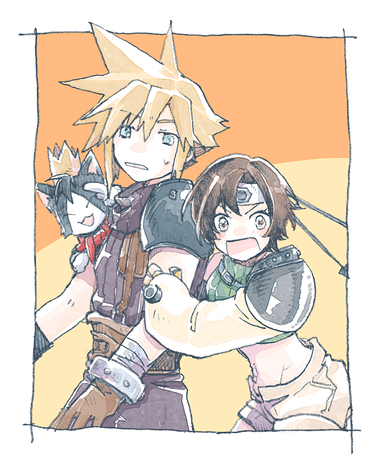 cloud strife, yuffie kisaragi, and cait sith (final fantasy and 1 more) drawn by michibata_65