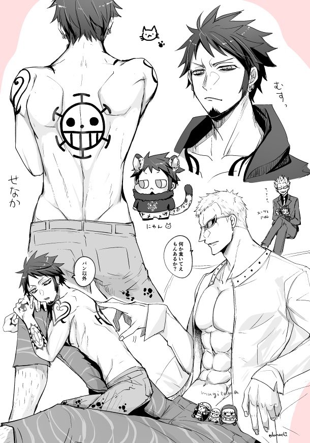 trafalgar law, donquixote doflamingo, and donquixote rocinante (one piece) drawn by nashieda