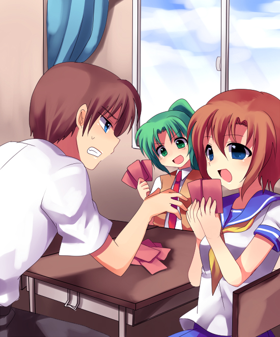 ryuuguu rena, sonozaki mion, and maebara keiichi (higurashi no naku koro ni) drawn by subaru_(yachika)