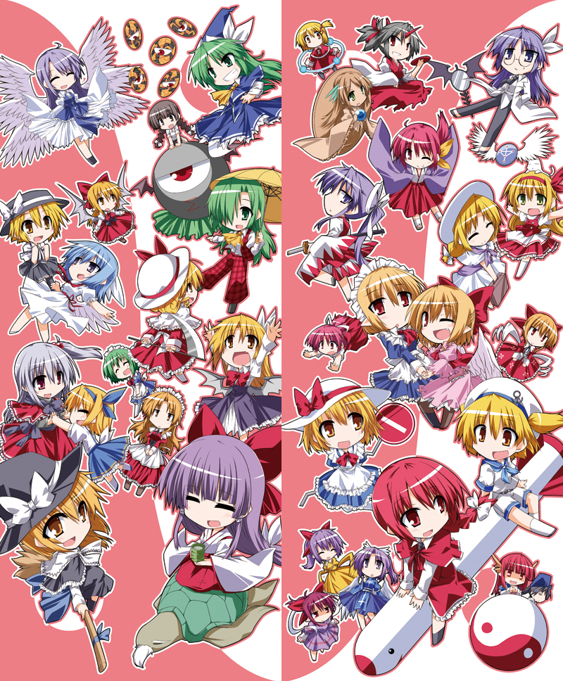 hakurei reimu, kirisame marisa, alice margatroid, kazami yuuka, shinki, and 32 more (touhou) drawn by hemogurobin_a1c