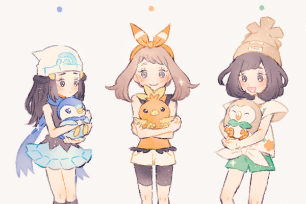 dawn, may, selene, rowlet, piplup, and 1 more (pokemon and 3 more) drawn by ryokuno_green