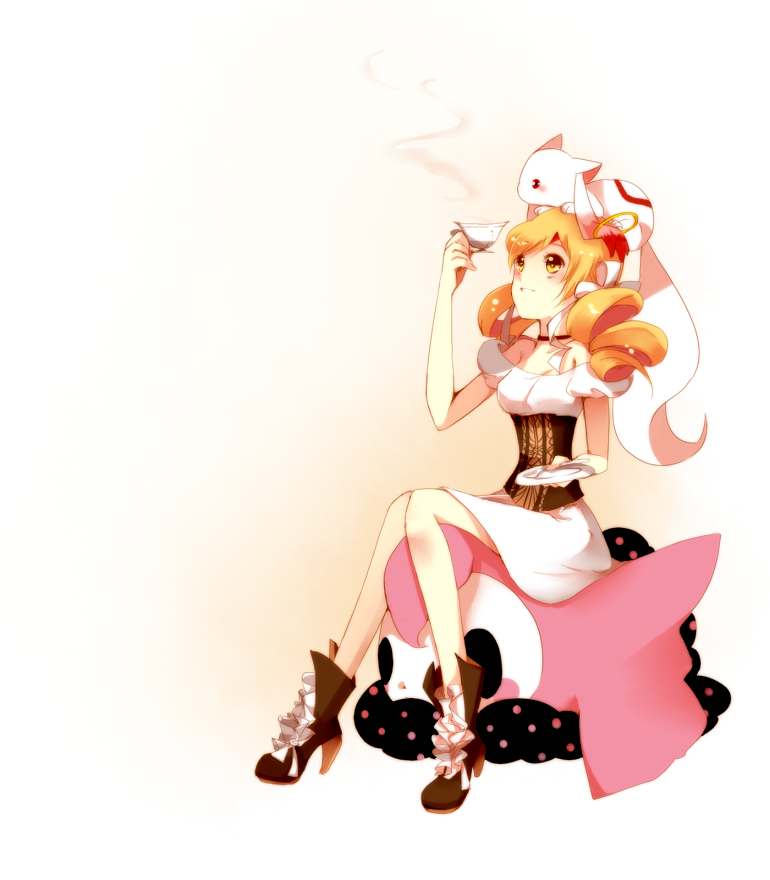 tomoe mami, kyubey, and charlotte (mahou shoujo madoka magica) drawn by izusetsu