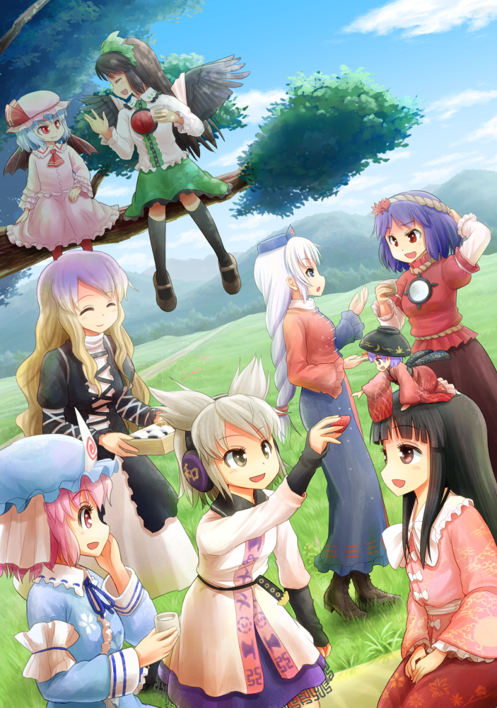 remilia scarlet, saigyouji yuyuko, reiuji utsuho, houraisan kaguya, hijiri byakuren, and 4 more (touhou) drawn by morioka_itari