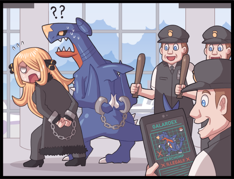 cynthia, garchomp, and police officer (pokemon and 2 more) drawn by ayyk92