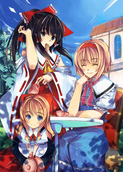 hakurei reimu, alice margatroid, and shanghai doll (touhou) drawn by hamayumiba_sou