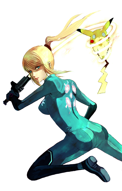 pikachu and samus aran (pokemon and 2 more) drawn by souya_touki