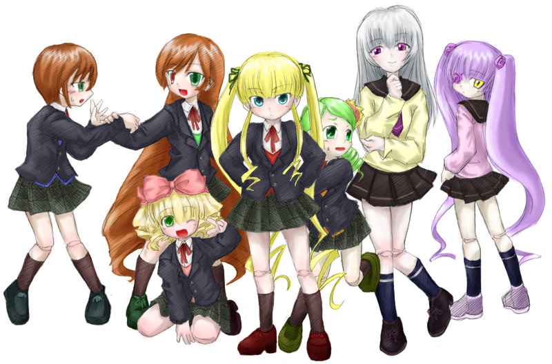 suigintou, shinku, suiseiseki, souseiseki, hinaichigo, and 2 more (rozen maiden and 1 more) drawn by naruse_mamoru
