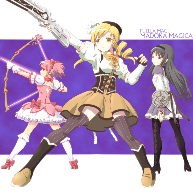 akemi homura, kaname madoka, and tomoe mami (mahou shoujo madoka magica) drawn by man_dam