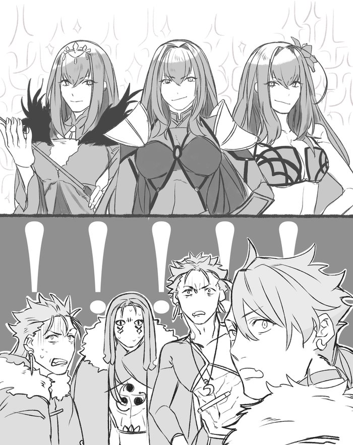 scathach, scathach skadi, cu chulainn alter, and cu chulainn (fate and 3 more) drawn by kkao_0