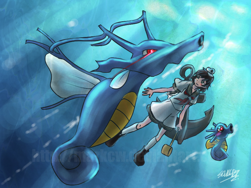 murasa minamitsu, horsea, and kingdra (touhou and 1 more) drawn by scull