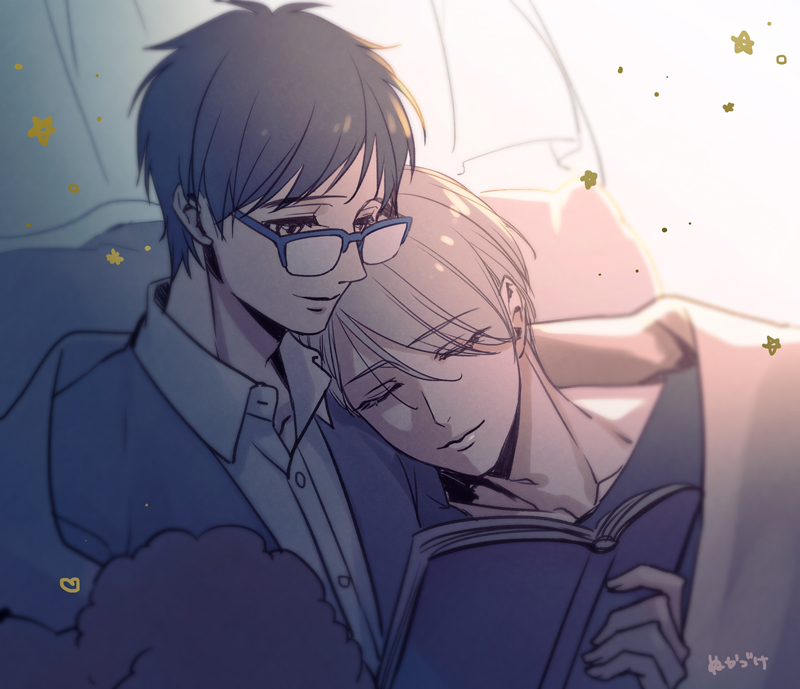 katsuki yuuri, viktor nikiforov, and makkachin (yuri!!! on ice) drawn by nu_kazuke