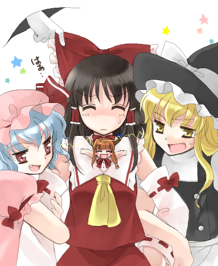 hakurei reimu, kirisame marisa, remilia scarlet, yakumo yukari, and ibuki suika (touhou) drawn by coco_(artist)