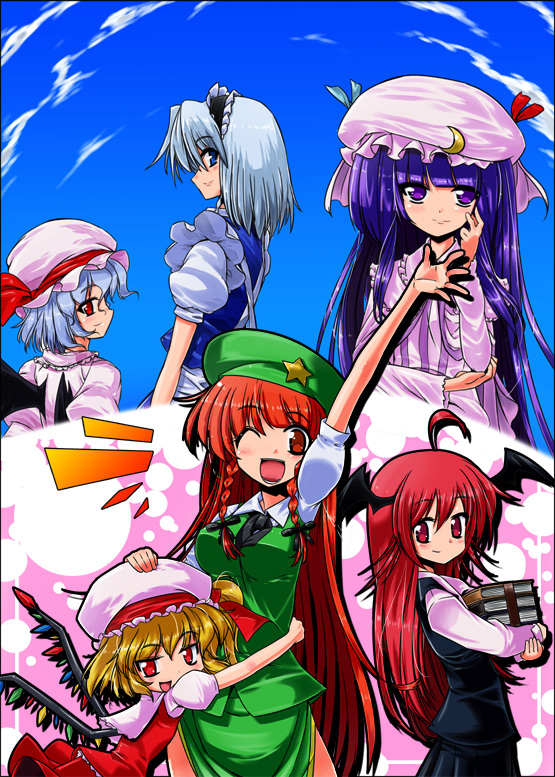 remilia scarlet, flandre scarlet, izayoi sakuya, patchouli knowledge, hong meiling, and 1 more (touhou) drawn by kiku_hitomoji