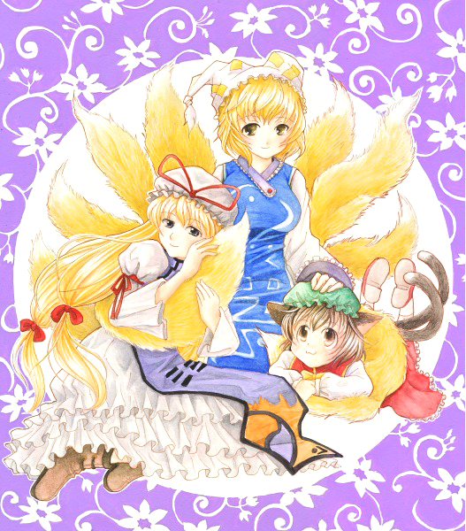 yakumo yukari, yakumo ran, and chen (touhou) drawn by gintarou_(puipuiginta)