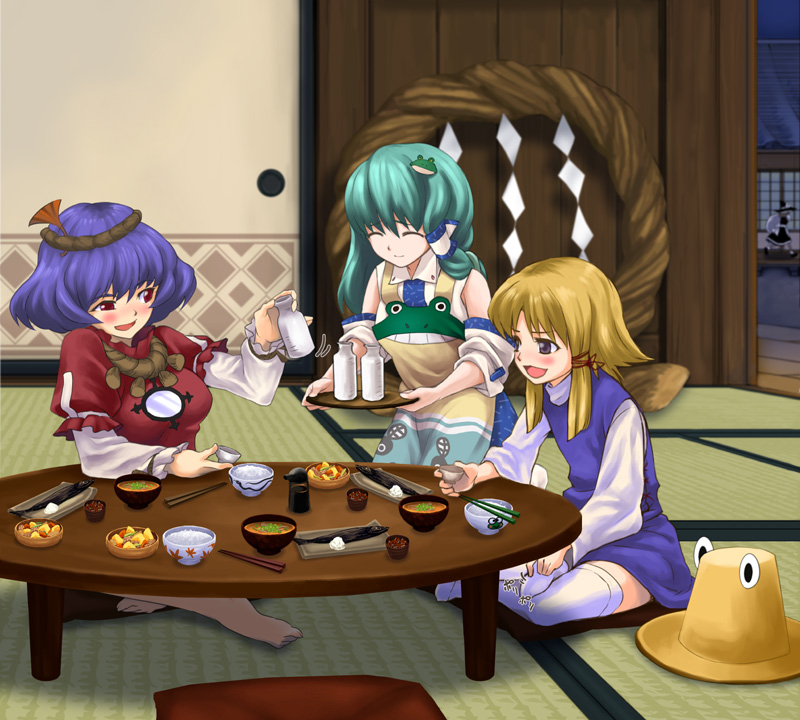 kirisame marisa, kochiya sanae, moriya suwako, yasaka kanako, and pyonta (touhou) drawn by tenten_(edp666)