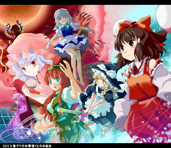 hakurei reimu, kirisame marisa, remilia scarlet, flandre scarlet, izayoi sakuya, and 2 more (touhou and 1 more) drawn by nanami_sano