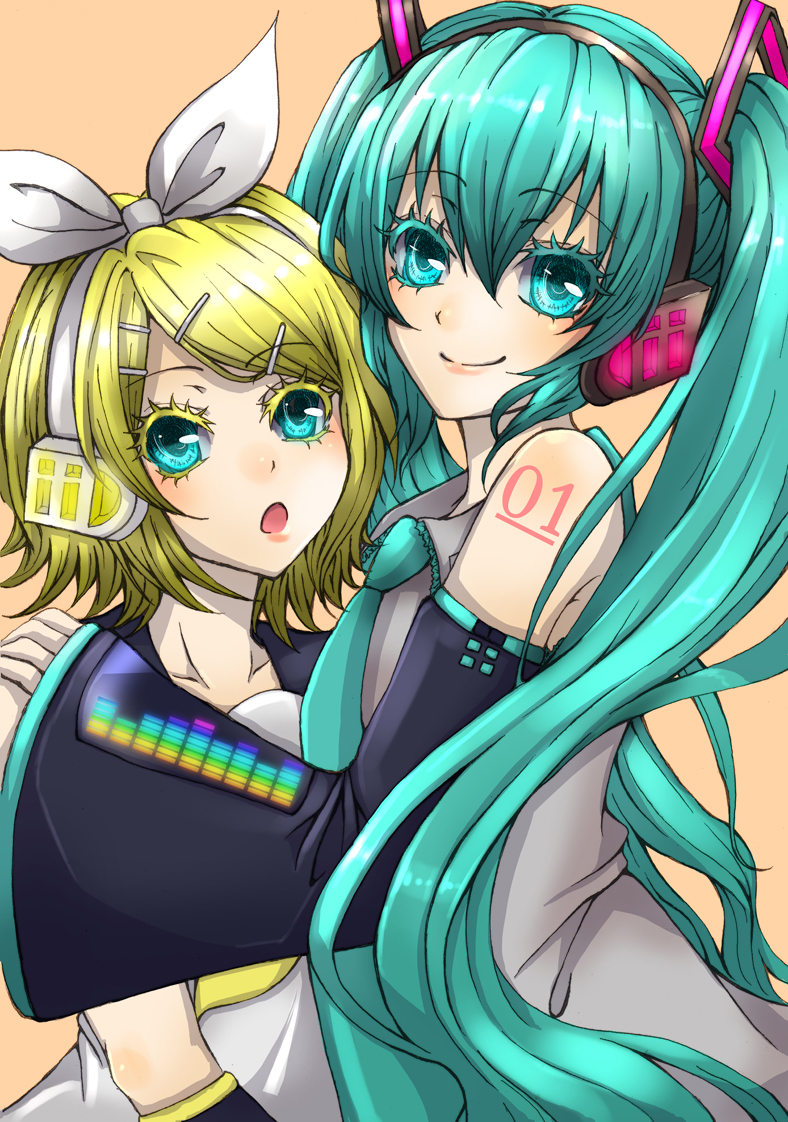 hatsune miku and kagamine rin (vocaloid) drawn by shiro_(nitto)