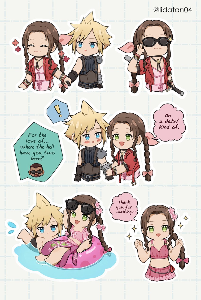 cloud strife, aerith gainsborough, and barret wallace (final fantasy and 3 more) drawn by lida_(lidalida04)