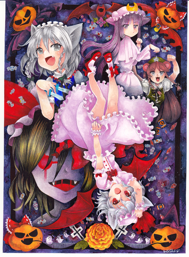 hakurei reimu, kirisame marisa, remilia scarlet, flandre scarlet, izayoi sakuya, and 2 more (touhou) drawn by mosho