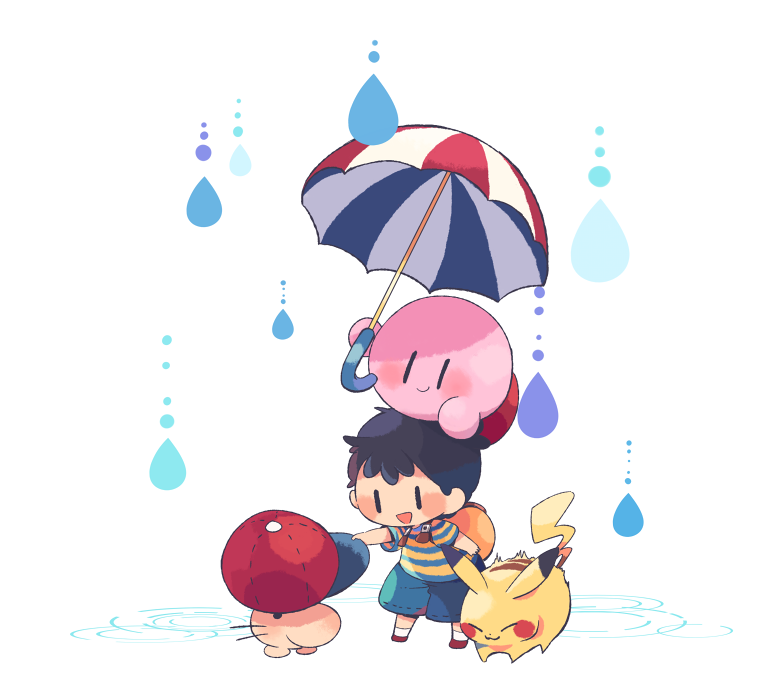 pikachu, kirby, ness, doseisan, and parasol kirby (pokemon and 4 more) drawn by hitofutarai