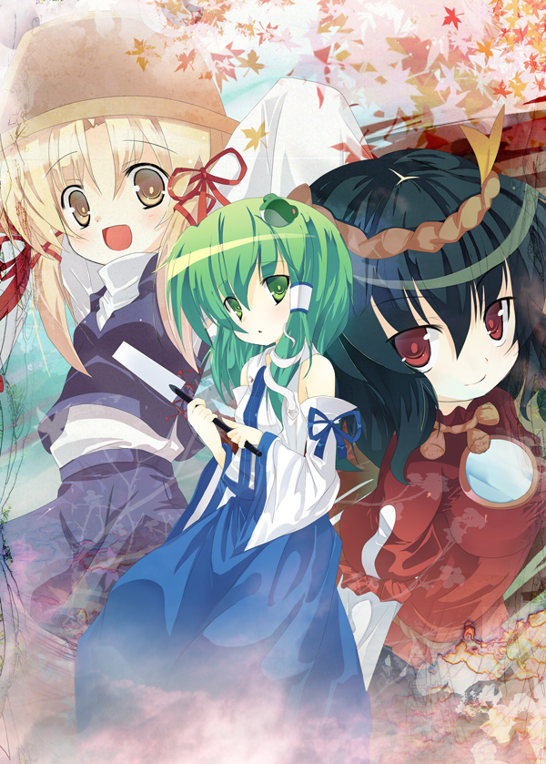 kochiya sanae, moriya suwako, and yasaka kanako (touhou) drawn by omiso_(omiso)