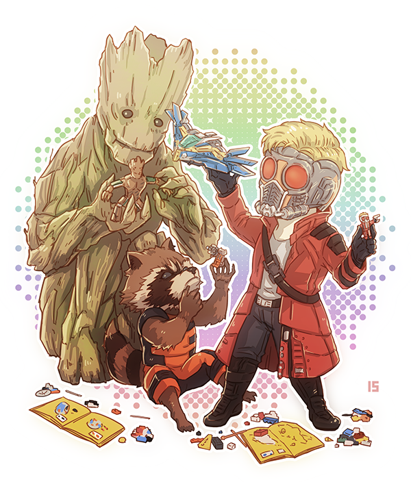 rocket raccoon, peter quill, and groot (marvel and 2 more) drawn by iduhara_jugo
