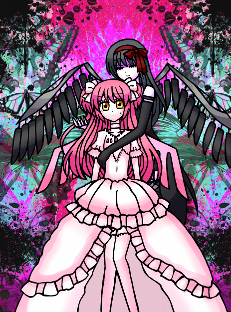 akemi homura, kaname madoka, ultimate madoka, and akuma homura (mahou shoujo madoka magica and 1 more) drawn by shirokuro_(horattyo)