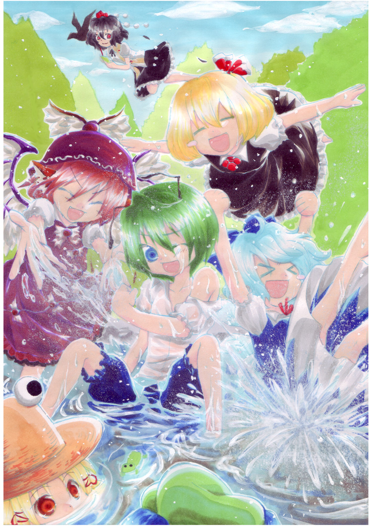 cirno, shameimaru aya, rumia, moriya suwako, kawashiro nitori, and 2 more (touhou) drawn by itetaki