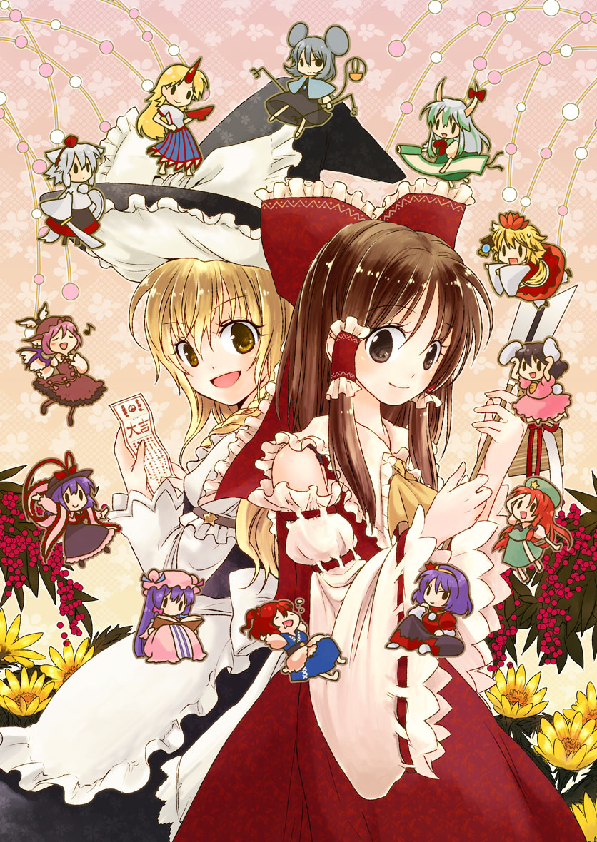 hakurei reimu, kirisame marisa, patchouli knowledge, hong meiling, inubashiri momiji, and 10 more (touhou) drawn by kizuna_kiseki