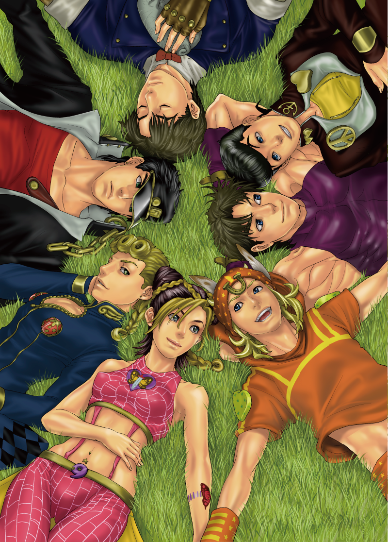 joseph joestar, kujo jotaro, kujo jolyne, giorno giovanna, jonathan joestar, and 2 more (jojo no kimyou na bouken and 7 more) drawn by v-room