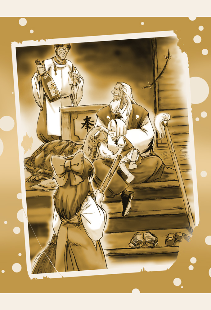 hakurei reimu, konpaku youmu, yakumo yukari, konpaku youki, zun, and 1 more (touhou) drawn by azuki_osamitsu