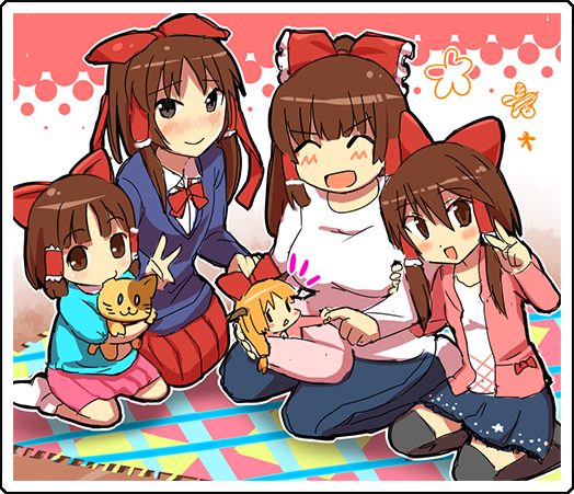 hakurei reimu, ibuki suika, benikurage, kanna, reu, and 2 more (touhou and 1 more) drawn by umo_(cookie)