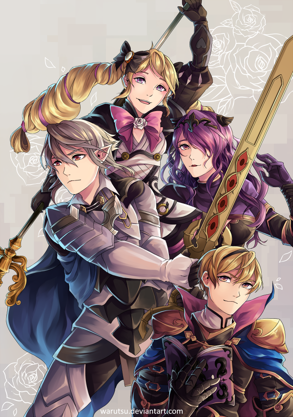 camilla, male corrin, elise, and leo (fire emblem and 1 more) drawn by warutsu