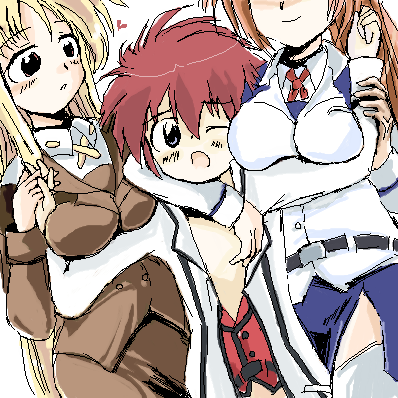 fate testarossa, takamachi nanoha, and erio mondial (lyrical nanoha and 1 more) drawn by saijou_shimon