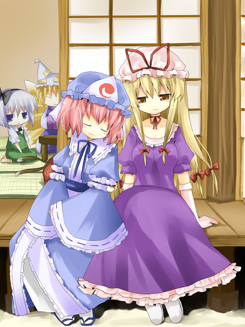 konpaku youmu, yakumo yukari, saigyouji yuyuko, yakumo ran, and chen (touhou) drawn by yuzuki_(yuduame)
