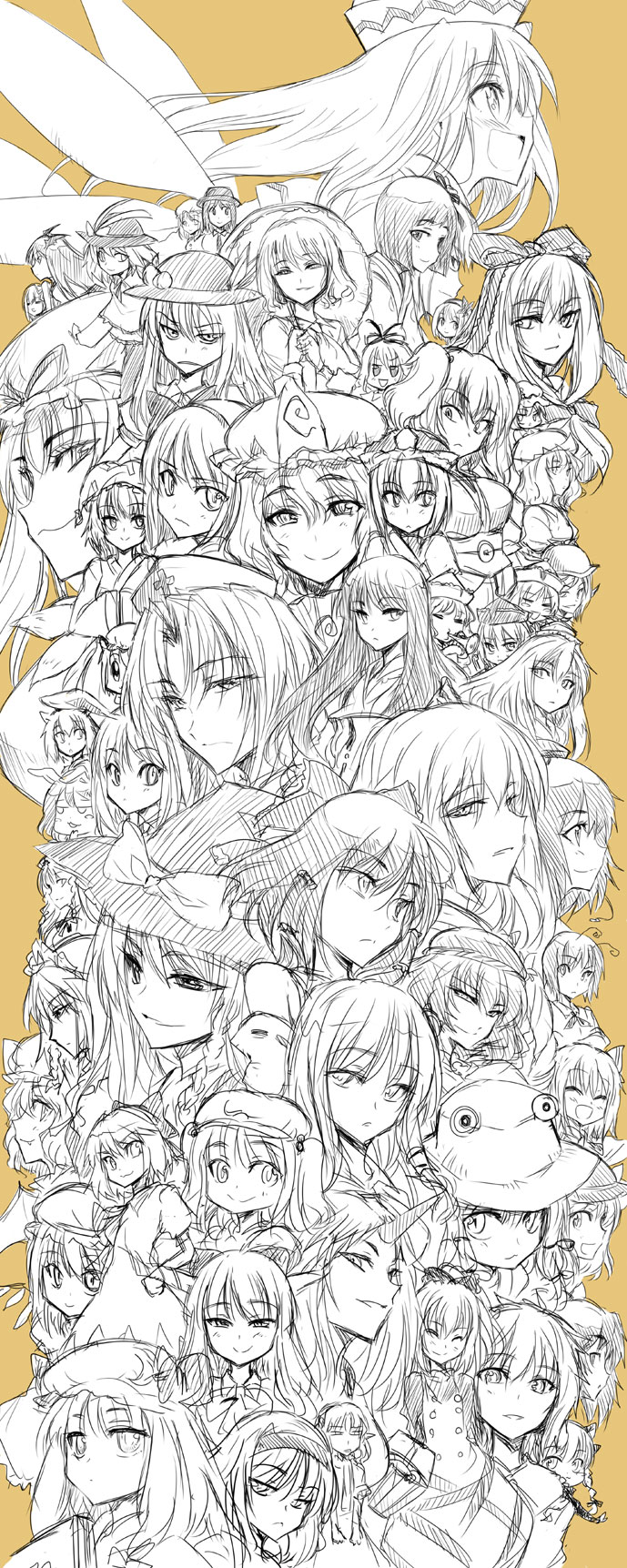 hakurei reimu, kirisame marisa, remilia scarlet, flandre scarlet, izayoi sakuya, and 52 more (touhou) drawn by haruno_tomoya