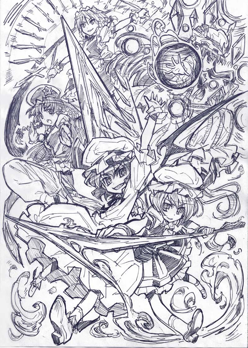 remilia scarlet, flandre scarlet, izayoi sakuya, patchouli knowledge, and hong meiling (touhou) drawn by sakino_shingetsu