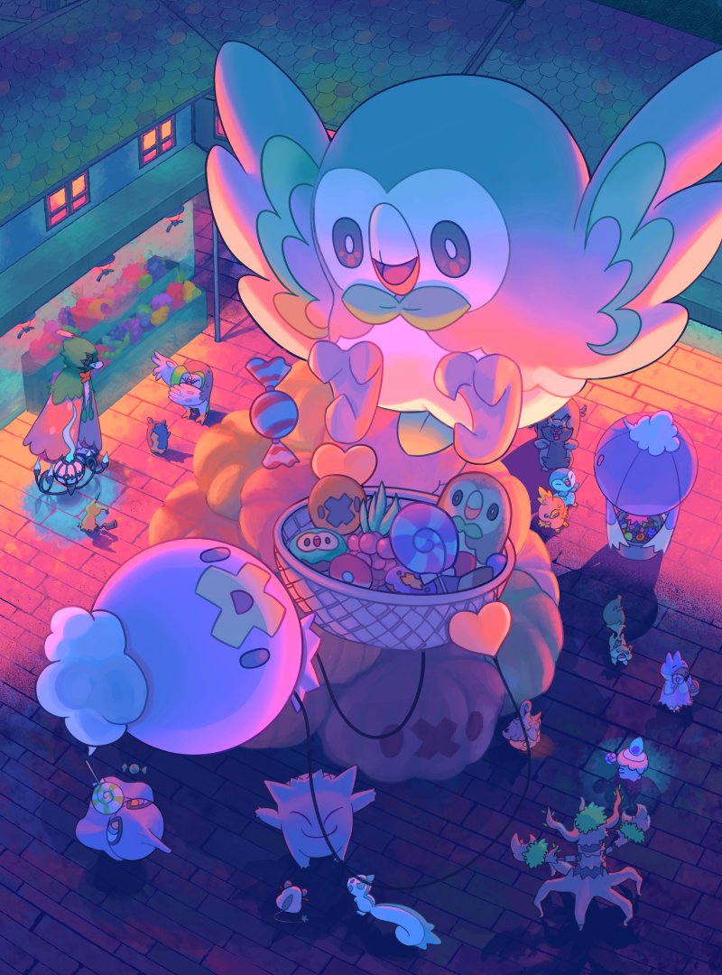 rowlet, piplup, gengar, morpeko, mimikyu, and 15 more (pokemon) drawn by mokukitusui