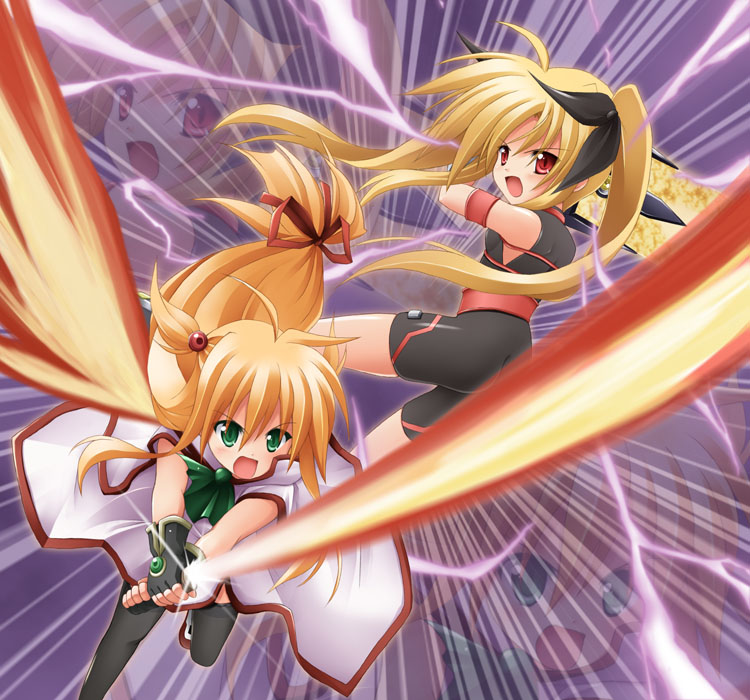 fate testarossa, bardiche, arisa bunnings, and burning arisa (lyrical nanoha and 2 more) drawn by taka_(suigendou)